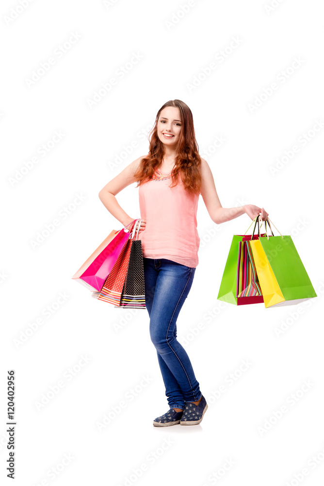 Happy woman after good shopping isolated on white