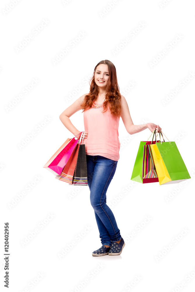 Happy woman after good shopping isolated on white Happy woman after good shopping isolated on white