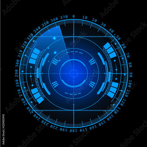 Radar screen. Vector illustration for your design. Technology background. Futuristic user interface. Radar display with scanning. HUD. Vector EPS10.