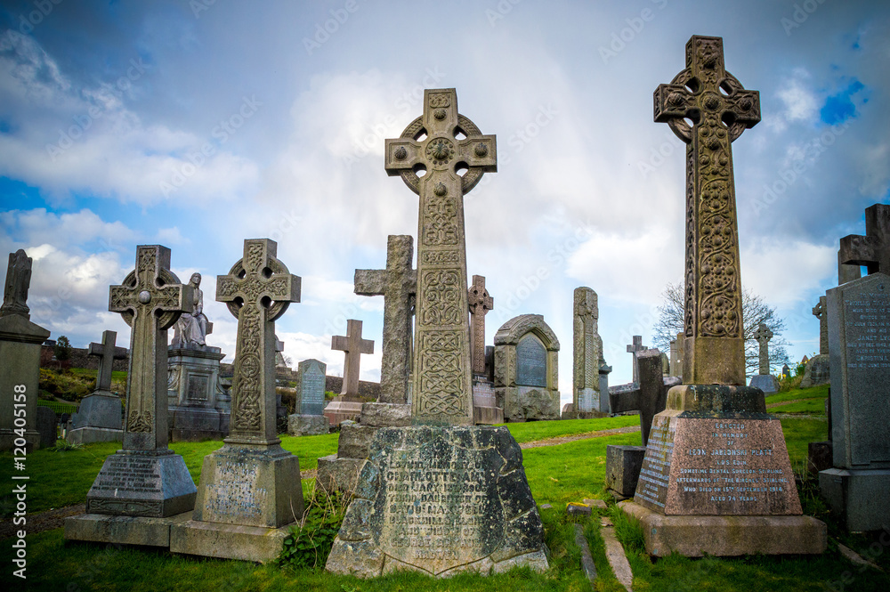 Old stone celtic crosses on a graveyard