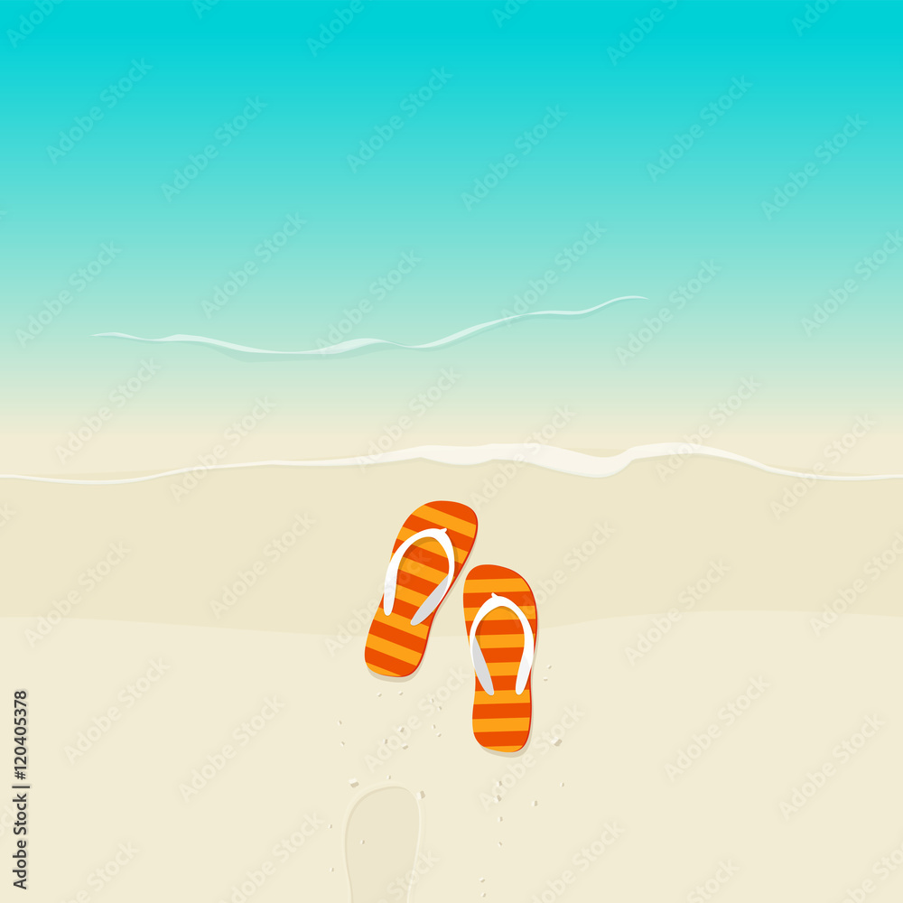 Flip flops on beach vector illustration, flat cartoon flipflop on sand