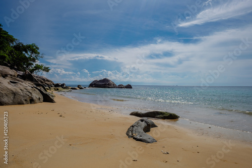 Tropical island sea shore with sand palms and rocks. Beautiful s photo