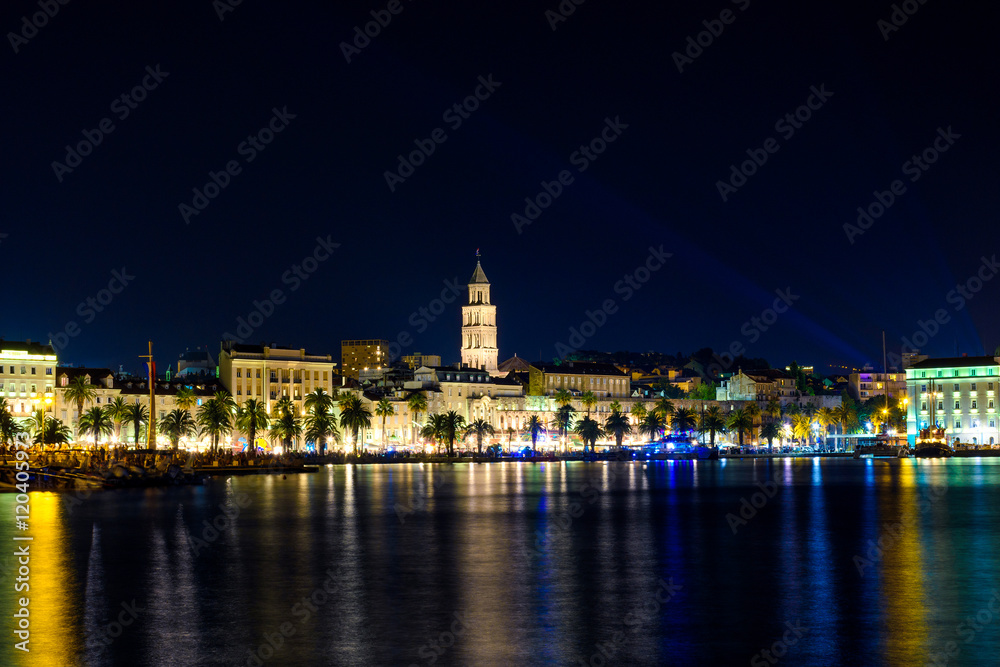 Panorama of city of Split, Croatia, at night, seen from the sea