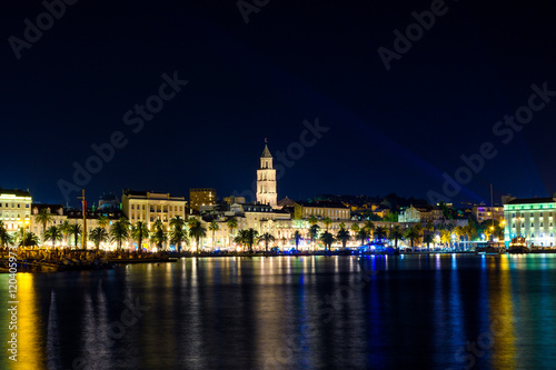 Panorama of city of Split  Croatia  at night  seen from the sea