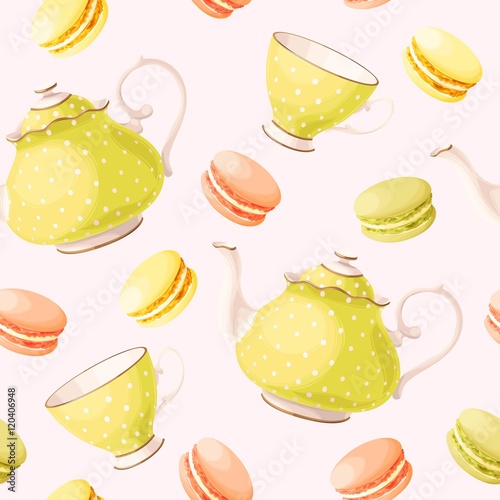 Seamless pattern with tea pots and cups