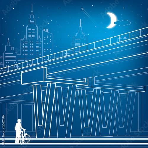 Flyover, architectural and infrastructure illustration, transport overpass, highway, white lines urban scene, cyclist, night city on background, vector design art