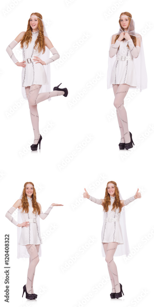 Pretty lady in light charming dress isolated on white Pretty lady in light charming dress isolated on white