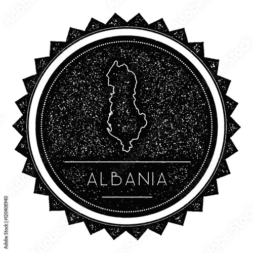 Albania Map Label with Retro Vintage Styled Design. Hipster Grungy Albania Map Insignia Vector Illustration. Country round sticker.