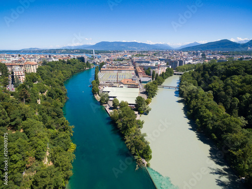 Aerial view of Arve an Rhone river confluent in Geneva Switzerl