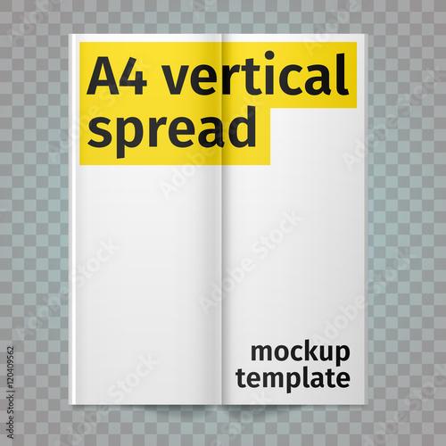 Vertical A4 flyer spread with white pages. Vector blank А4 spread. Isolated white paper. A4 brochure open. Template leaflet spread.