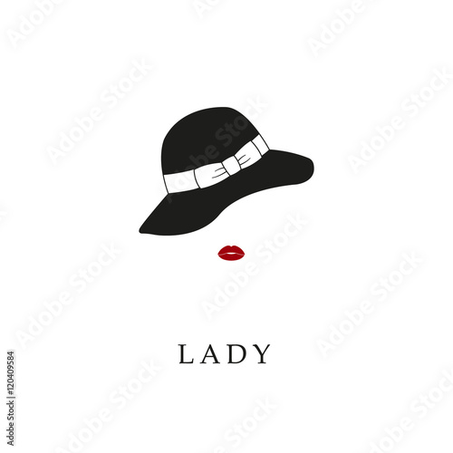 Beautiful lady in hat portrait isolated on white background. Contour drawing. Fashion, beauty model. Young awesome woman silhouette. Advertisement design elements.