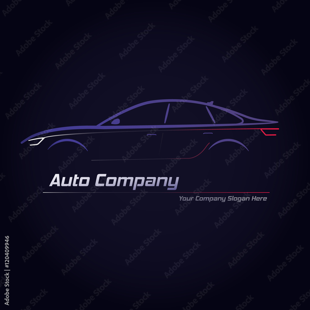 Silhouette of car with red and white headlights on dark blue background. Vector illustration. City sedan car. Ideal for your business signage.