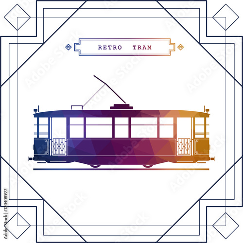 Multicolor retro vector tram car. Mass transit vintage graphic element on electric tramway car. Ideal for urban lifestyle, touristic and sightseeing graphic and web design
