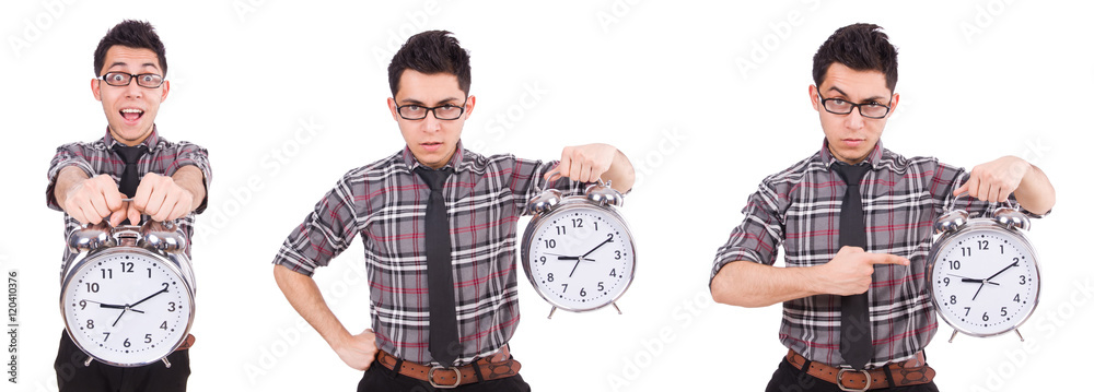 Young man with clock isolated on white