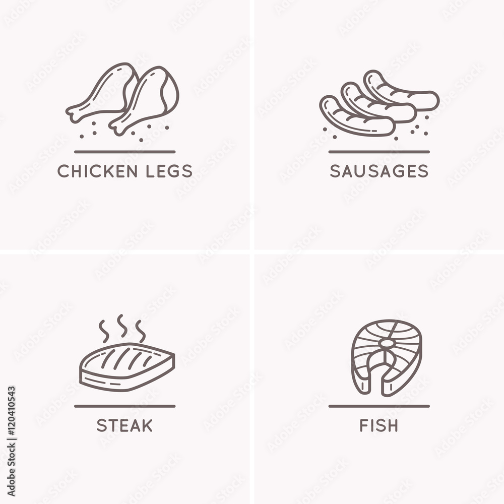 Line drawing sausages, chicken legs, salmon fillet.