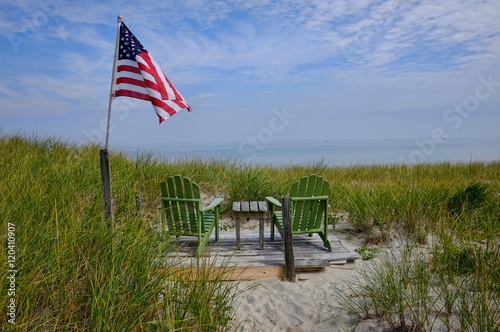 New England Beach with Chairs and American Flag