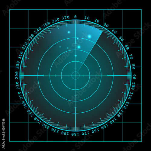 Military green radar screen with target. Futuristic HUD interface. Stock vector illustration.