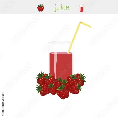Banner Strawberry juice. A glass of juice, yellow straw, strawberry white background, vector illustration