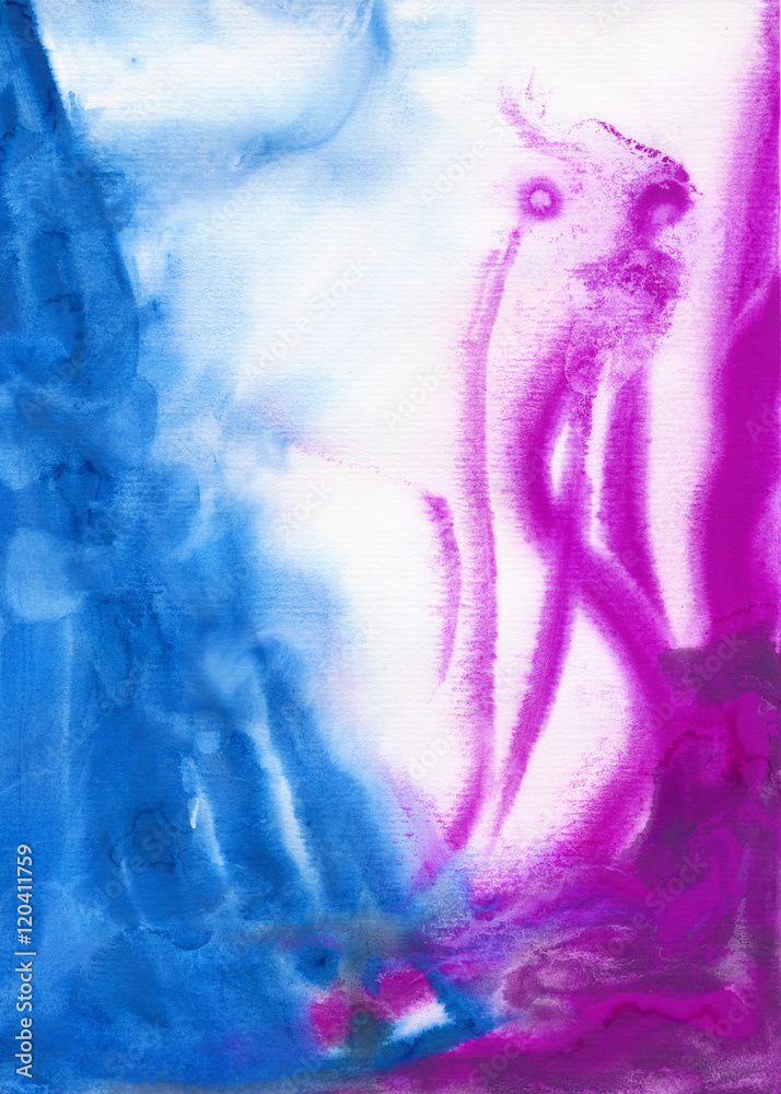 Abstract gouache painting of blue and pink on white watercolor paper, wet-on-wet technique.