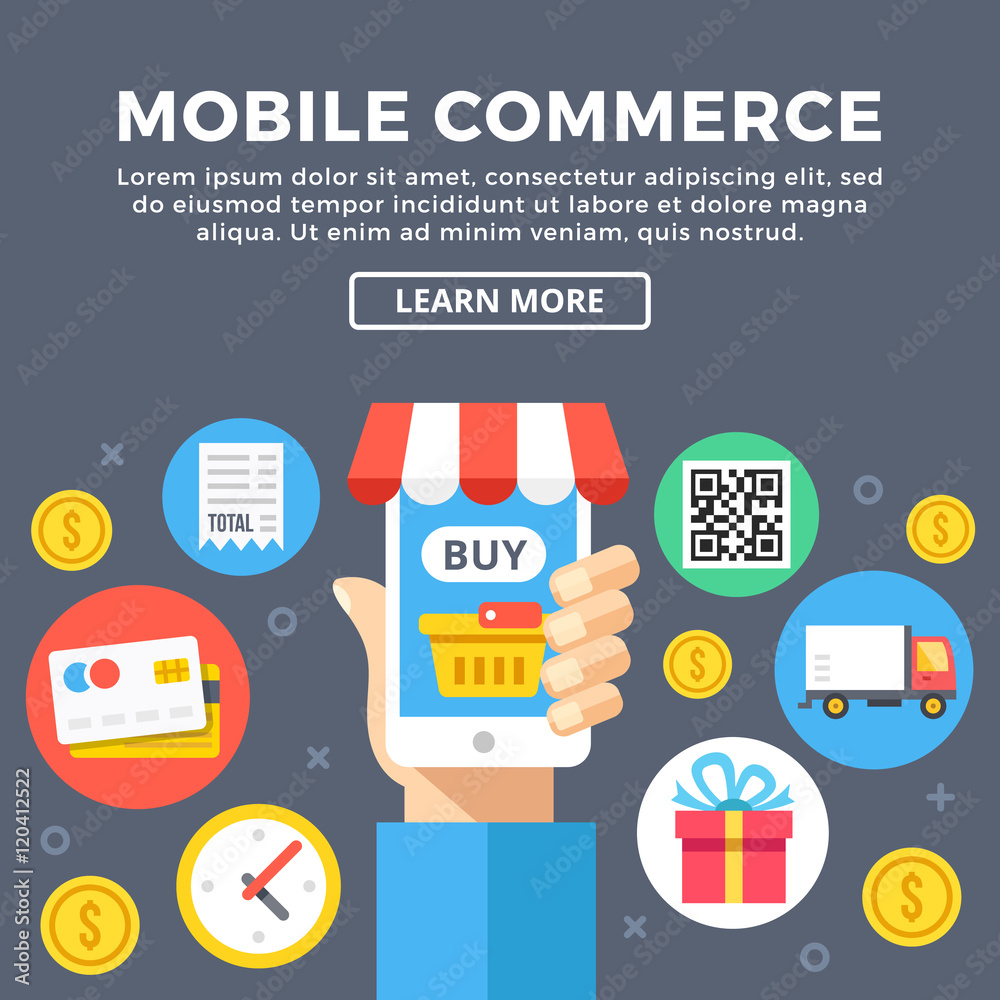 Mobile commerce, smartphone e-commerce concept. Modern graphic elements and flat icons set. Flat design vector illustration