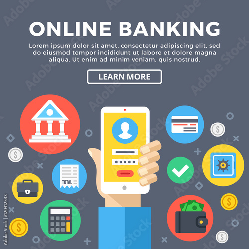 Online banking, e-banking concept. Manage bank account via mobile phone. Modern graphic objects, flat icons set. Flat design vector illustration
