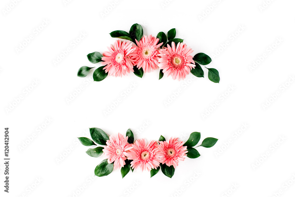 Pink gerbera daisy on white background. Flat lay. Frame wreath Pink gerbera daisy on white background. Flat lay. Frame wreath