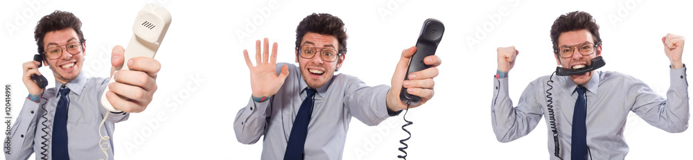 Angry call center employee in collage