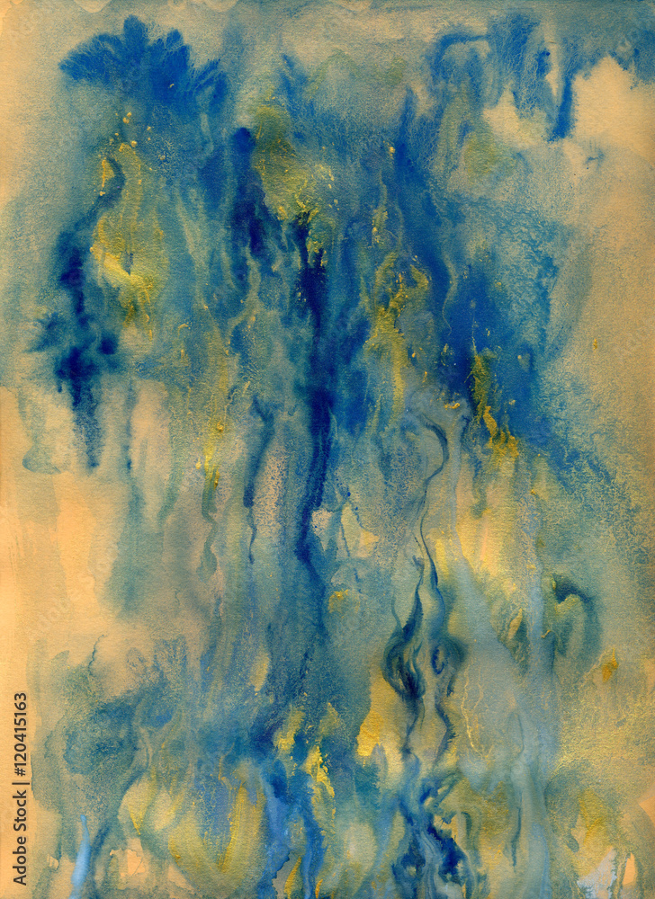 Abstract blue and golden watercolor painting background