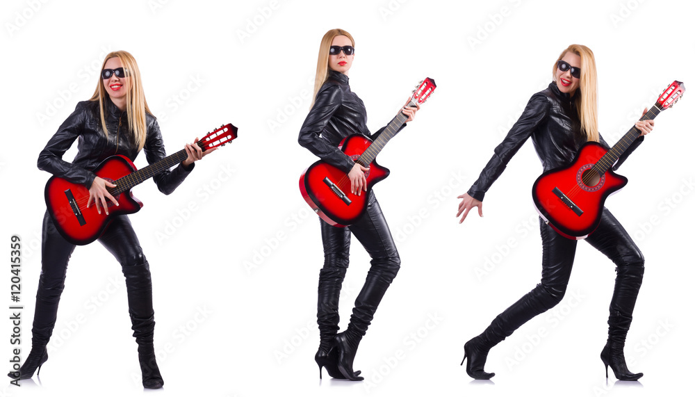 Young woman playing guitar isolated on white Young woman playing guitar isolated on white