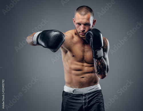 Shirtless fighter isolated on grey background. © Fxquadro