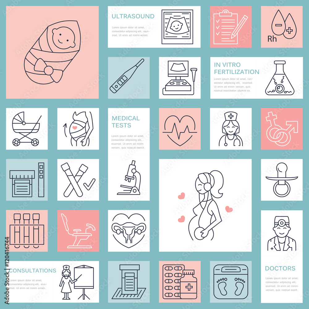 Medical vector line icon of pregnancy and obstetrics. Gynecology elements - chair, tests, doctor, sonogram, baby, pregnancy gadgets. Obstetrics design element for sites, hospitals, clinics.