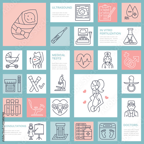Medical vector line icon of pregnancy and obstetrics. Gynecology elements - chair, tests, doctor, sonogram, baby, pregnancy gadgets. Obstetrics design element for sites, hospitals, clinics.