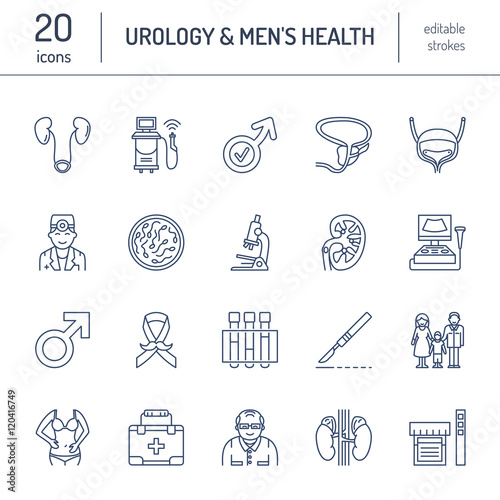 Modern vector line icons of urology. Elements - urologist, bladder, oncological urology, kidneys, adrenal gland, prostate. Linear medical pictograms with editable stroke for clinic, impotence problem