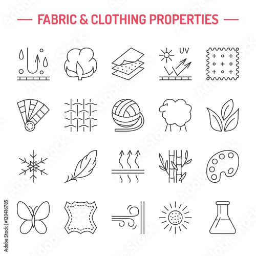 Vector line icons of fabric feature, garments property symbols. Elements - cotton, wool, waterproof, uv protection. Linear wear labels, textile industry pictograms for clothes.