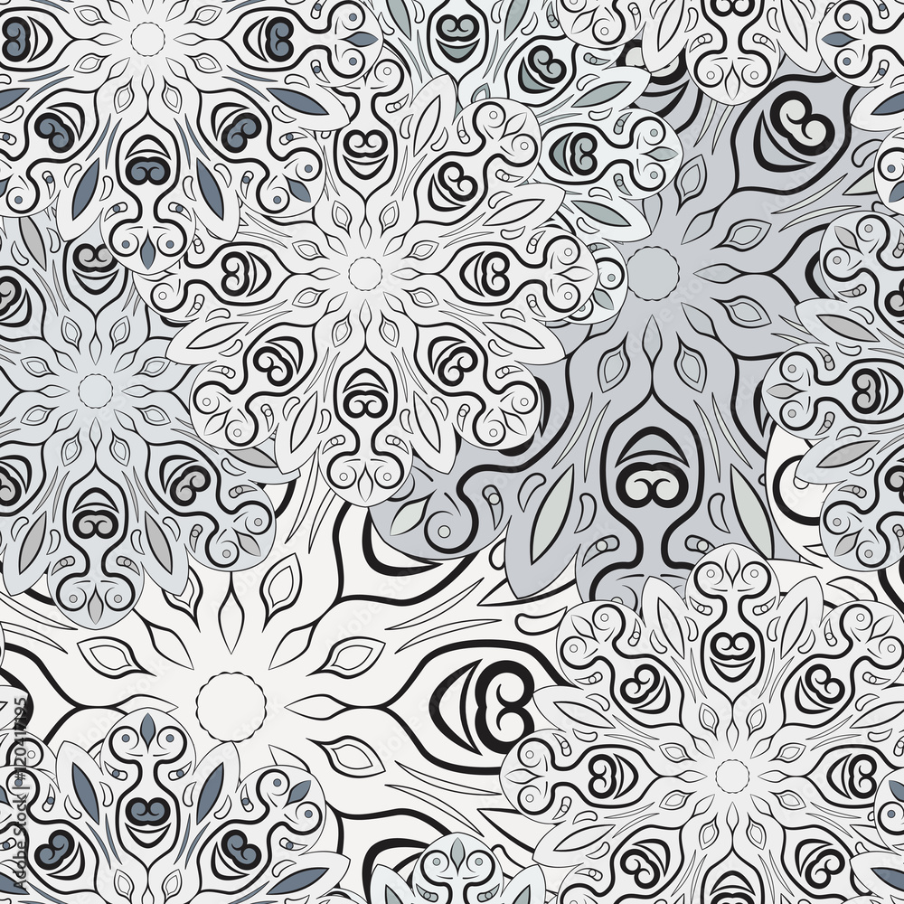 White and grey vector seamless pattern with flowery mandala print made in oriental style. Design for wrapper, decoration, carpet or textile. White and grey vector seamless pattern with flowery mandala print made in oriental style. Design for wrapper, decoration, carpet or textile.