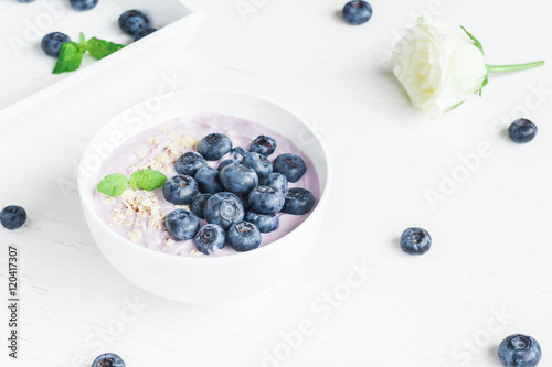 Healthy breakfast with yogurt, muesli and blueberry