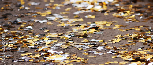 festival background with gold and silver sequins that lie on the pavement the road bokeh.