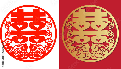 oriental double happiness icon design for wedding celebration, shuang xi red and gold on a white background