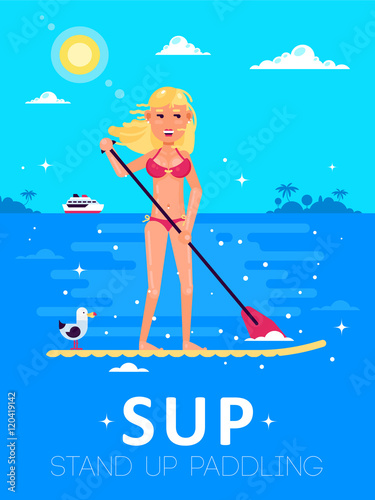 Beautiful girl doing Stand Up Paddling on Paddle Board on Water at Seaside. Stand Up Paddle Workout. Vector flat design illustration. Travel and entertainment theme. Health care. Beautiful nature. SUP