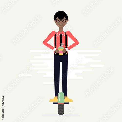 Young man on electric scooter mono wheel.