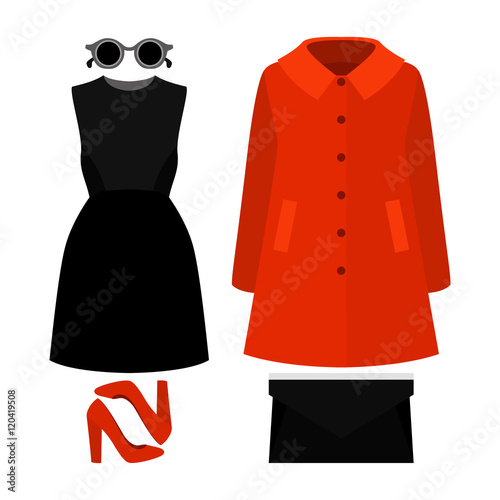 Set of trendy women's clothes with coat, dress and accessories