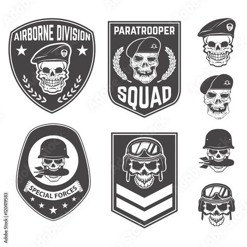 Set of military emblems and design elements. Skulls with militar