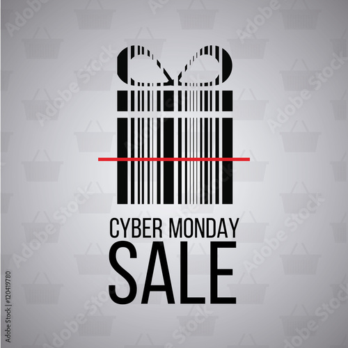 cyber monday, gift box in code bars over gray color backdrop