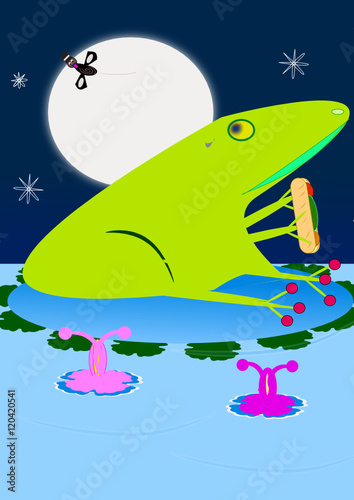 Rana comiéndose un bocadillo de verduras mientras un insecto pasa por su cabeza en una noche de luna llena en el lago.