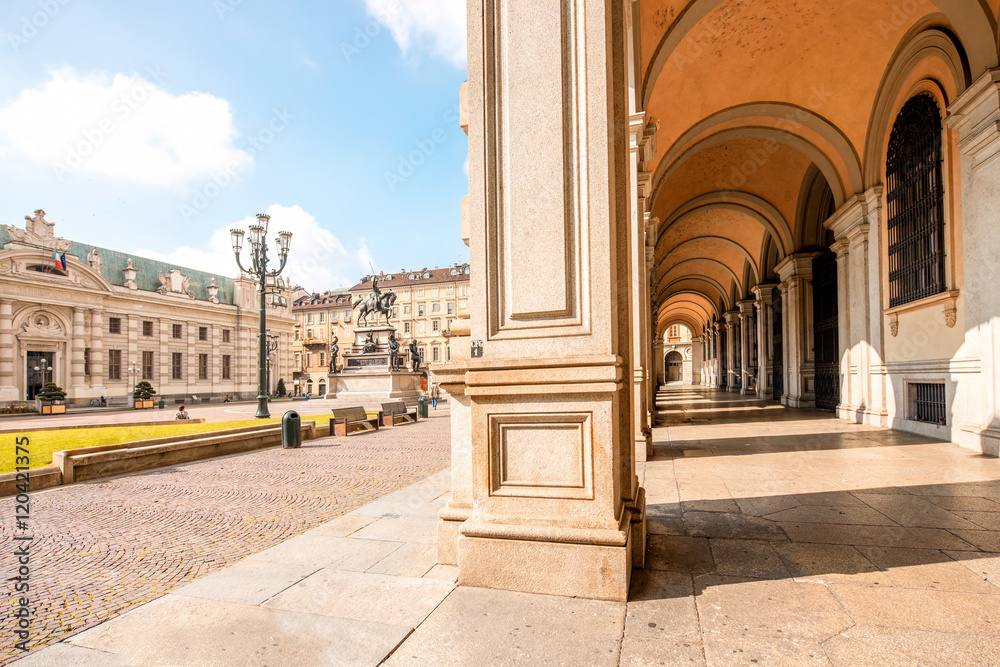 Obraz premium Arch gallery on San Carlo square in the old city center of Turin in Italy