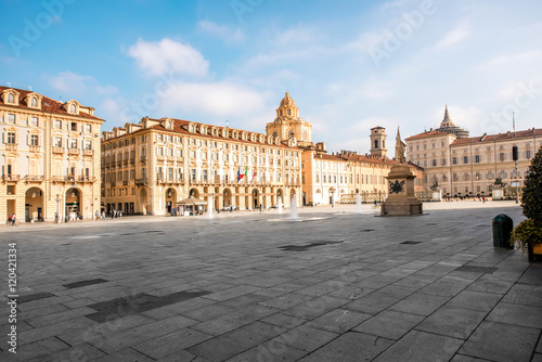 Castle square with saint Lawrence church in Turin old city center in Piedmont region in Italy