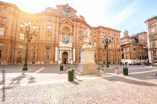 Carignano square with Vincenzo Gioberti statue in the old city center of Turin city in Italy