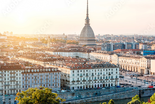 Cityscape view on the old town with famous Mole Antonelliana tower in Turin city in Italy photo