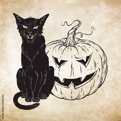 Black cat sitting with halloween pumpkin over old grunge paper background vector illustration. Witches familiar spirit animal. Wiccan card design.