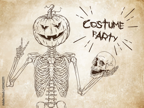 Human skeleton with halloween pumpkin instead of head posing over old grunge paper background vector illustration. Halloween costume party flyer design